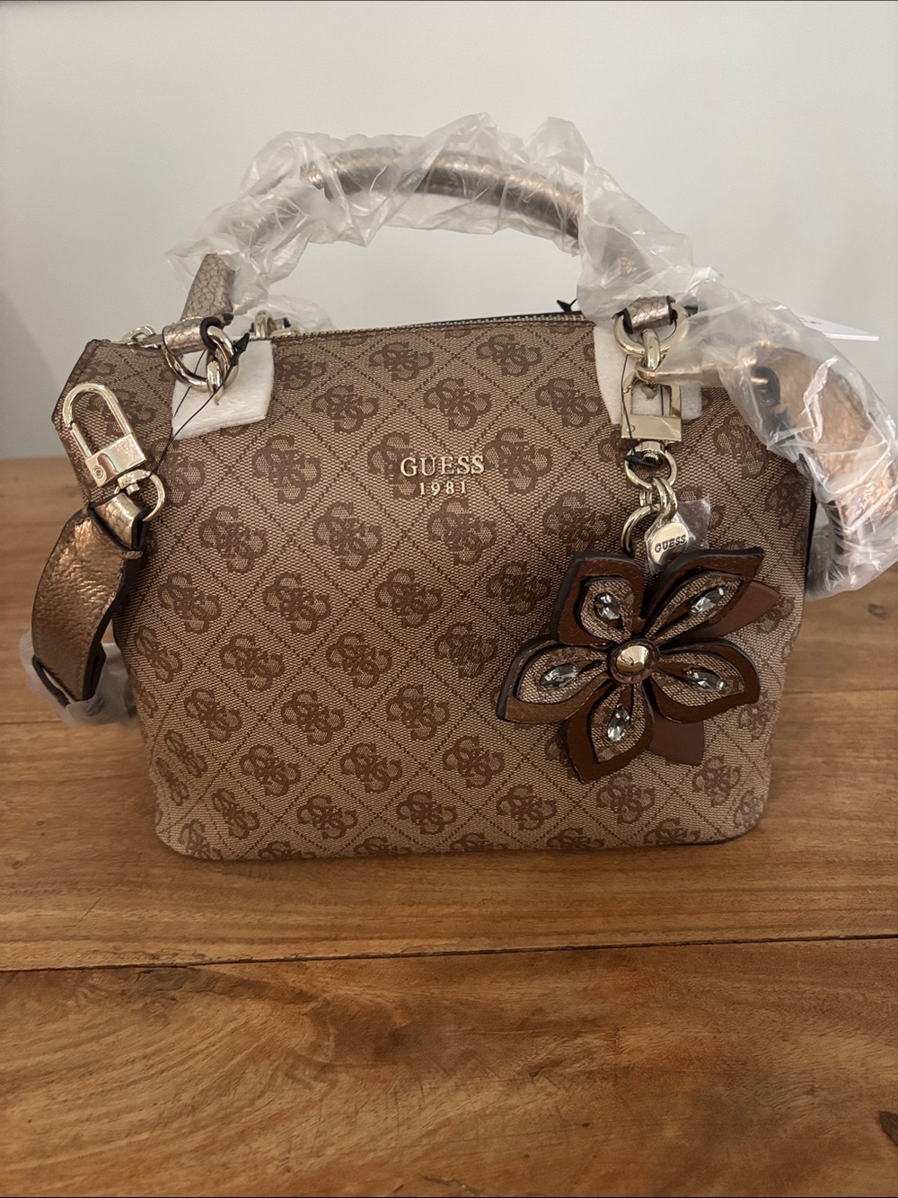 GUESS Sibyl Signature Small Box Satchel Brown Beige Hard to find NWT!